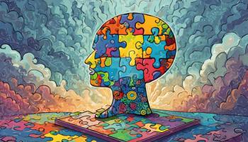 An artist's rendering of puzzle pieces inside a silhouette of a head, with a cloudy sky in the background.