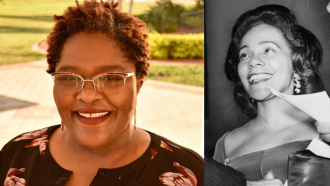 Color photo of Dr. Queen Zabriskie & a black and white photo of Coretta Scott King