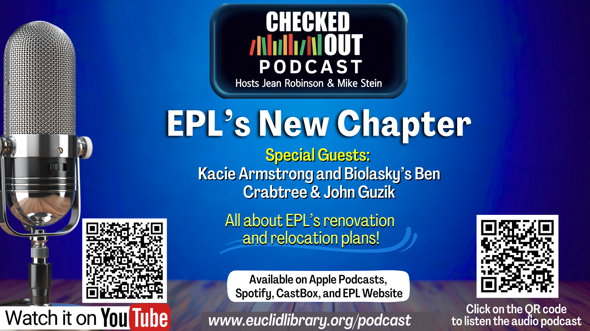 Image of mic and podcast logo. Text: "EPL's New Chapter" Checked Out Podcast. Listen on our website: euclidlibrary.org/podcast on Spotify, and watch it on our YouTube channel!