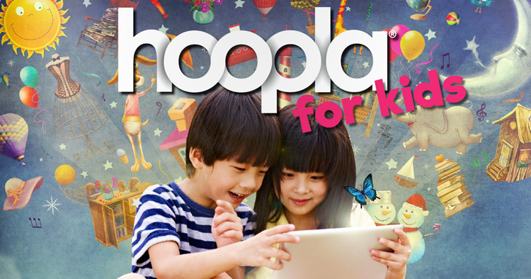 Graphic of two kids using a mobile device with Hoopla for Kids overlayed