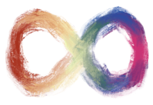 The autism infinity symbol colored in a childlike manner.  The symbol is rainbow colored, shifting colors from left to right.