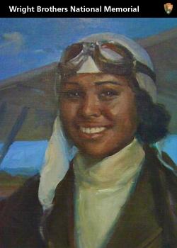 Painting of Bessie Coleman with her aviation goggles.