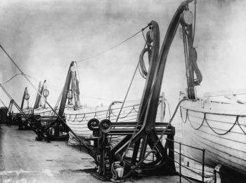 The lifeboats sit in their davits on the Titanic soon before the ship set off. April 1912.